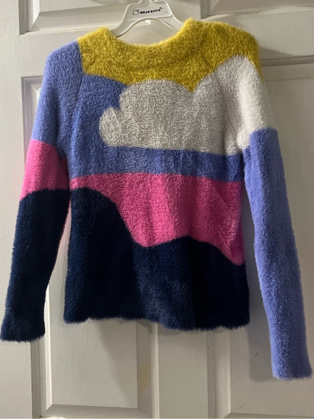 Colorblock Fuzzy Pullover Sweater in Yellow, Pink, Blue and Black